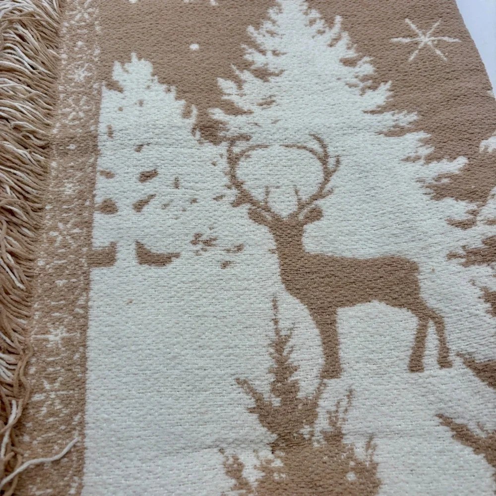 Aspen Decorative Christmas Throw Blanket‎ Neutral Tan Cream Trees Deer Cabin